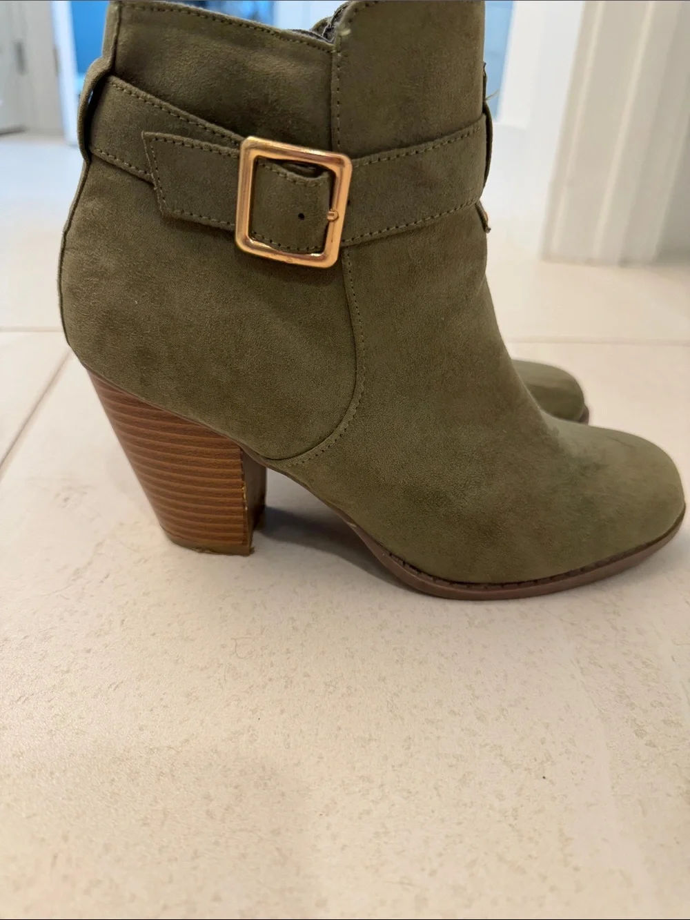 Diba Olive Suede Ankle Booties with Stacked Heel